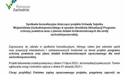 Zdjęcie do Spotkanie konsultacyjne dotyczące projektu Uchwały Sejmiku  Wojew&oacute;dztwa Zachodniopomorskiego w sprawie określenia Aktualizacji Programu ochrony powietrza wraz z planem działań kr&oacute;tkoterminowych dla strefy zachodniopomorskiej.